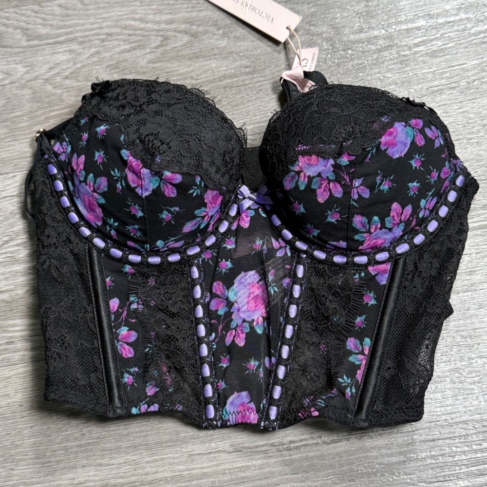 Victorias Secret Dream Angels Floral Lace Bustier Corset bra Black Purple XS